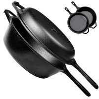 Pre-Seasoned 2 In 1 Cast Iron Multi-Cooker Heavy Duty 3 Quart Skillet and Lid Set