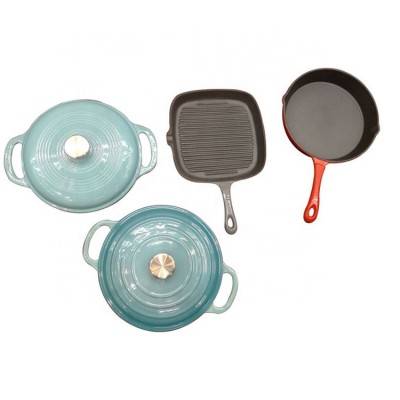 Non-stick Square round Cast Iron Grill Frying Pan with sky blue Enamel Casserole Cast Iron Cookware